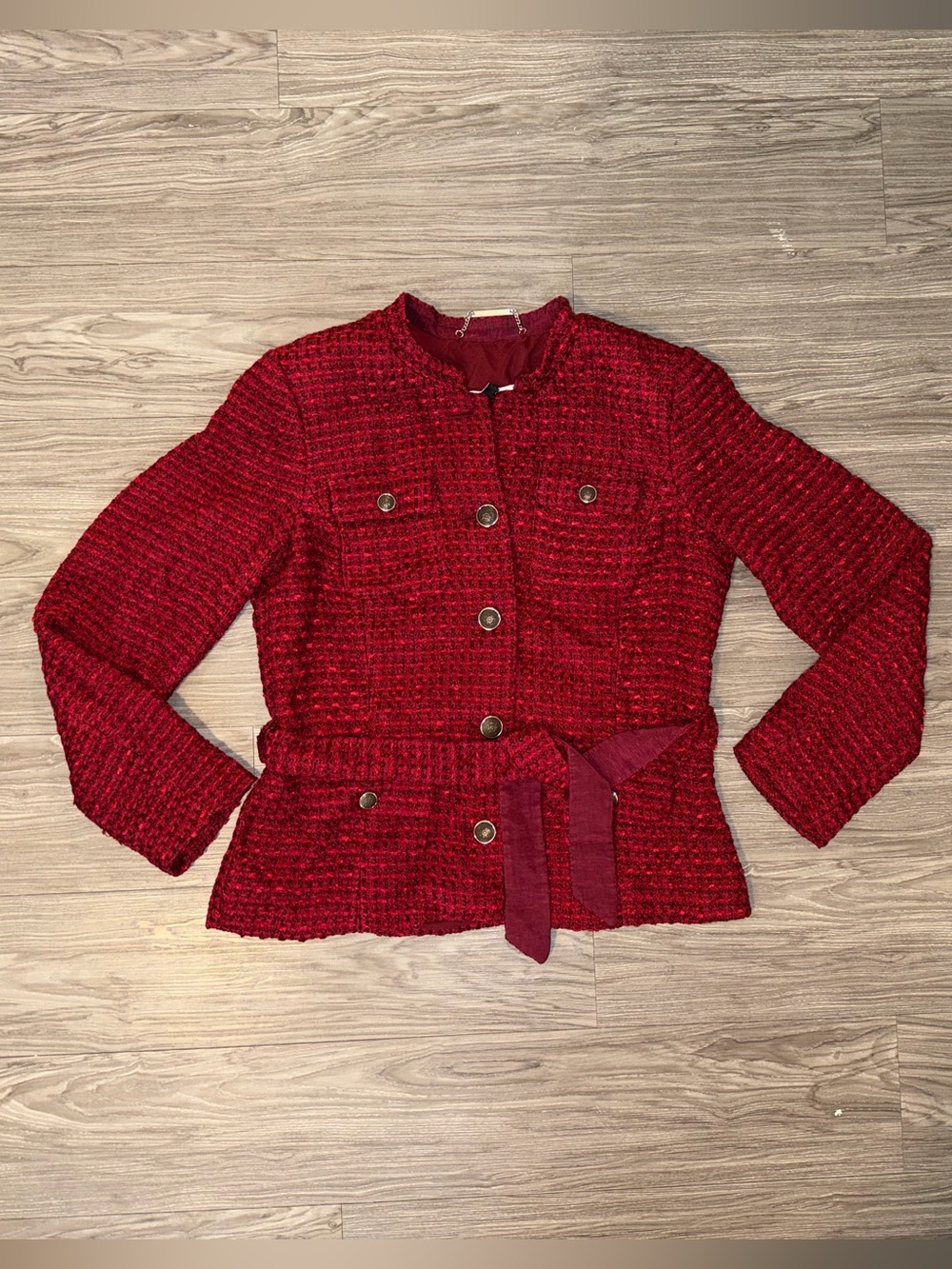 White House Black Market Womens Sz 12 Red Tweed Pea Coat w/ Belt Causal Preppy
